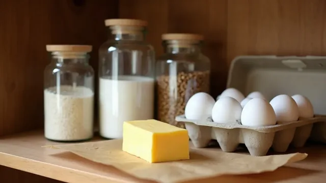Glass jars of flour, milk and grain beside a block of butter on parchment and a carton of eggs on a wooden pantry shelf.