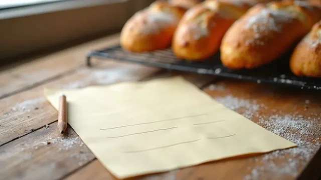 A pencil beside a blank cream order slip on a flour-dusted wooden counter, with golden bread rolls on a wire rack behind