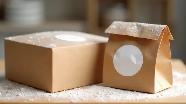 A kraft cake box and a folded brown paper bag, each closed with a plain round white sticker, on a floury wooden counter.