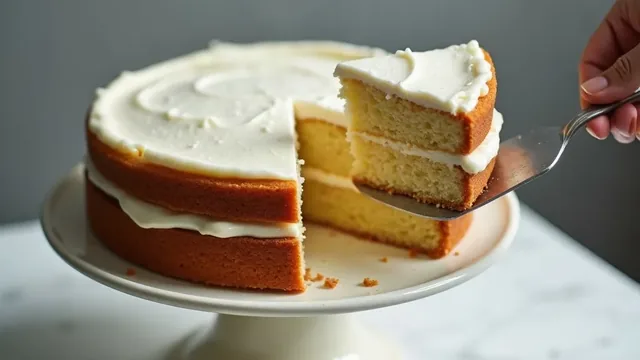 A server lifting one slice from a two-layer iced cake on a white stand, showing the sponge layers and filling