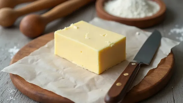 A block of butter on parchment on a round wooden board with a knife, two wooden spoons and a bowl of flour