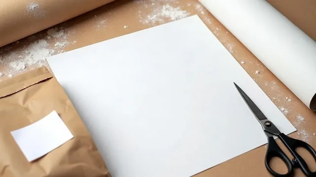A blank white label sheet and black scissors on kraft paper beside a brown bakery bag with a blank rectangular label.