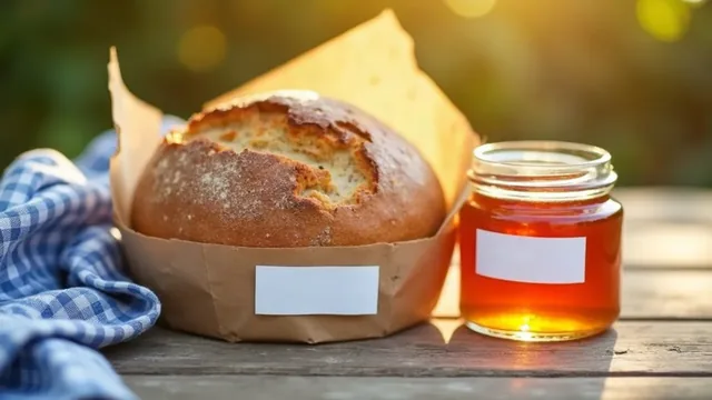A round loaf in a brown paper wrap and a jar of amber preserve, each with a blank white label, on a weathered table beside a blue checked cloth.