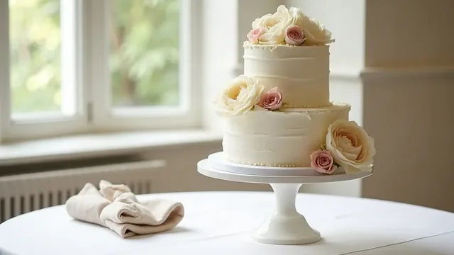 A two-tier cream cake with pink and ivory sugar roses on a white pedestal stand, a folded linen napkin on the table beside it