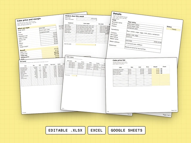All twelve home bakery spreadsheets cover: one whole page from six of the twelve files