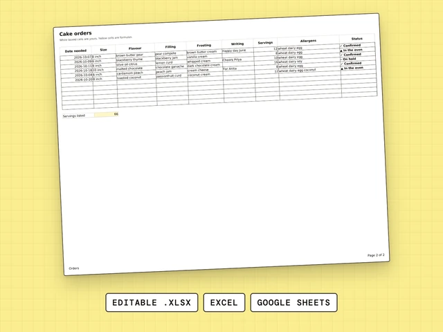 Cake Order Form cover: Jobs & Work Orders spreadsheet, editable .xlsx for Excel and Google Sheets