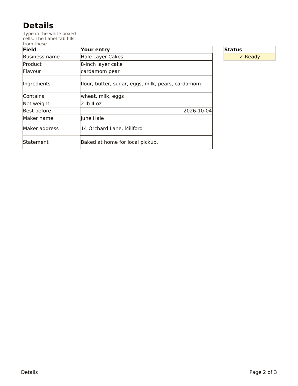 Cottage Food Label, the Details tab: sample business, ingredients, contains, net weight and best before