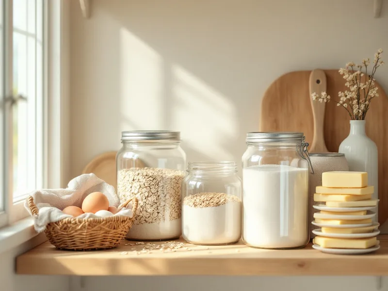 A pantry shelf with glass jars of flour, sugar and oats and a basket of eggs