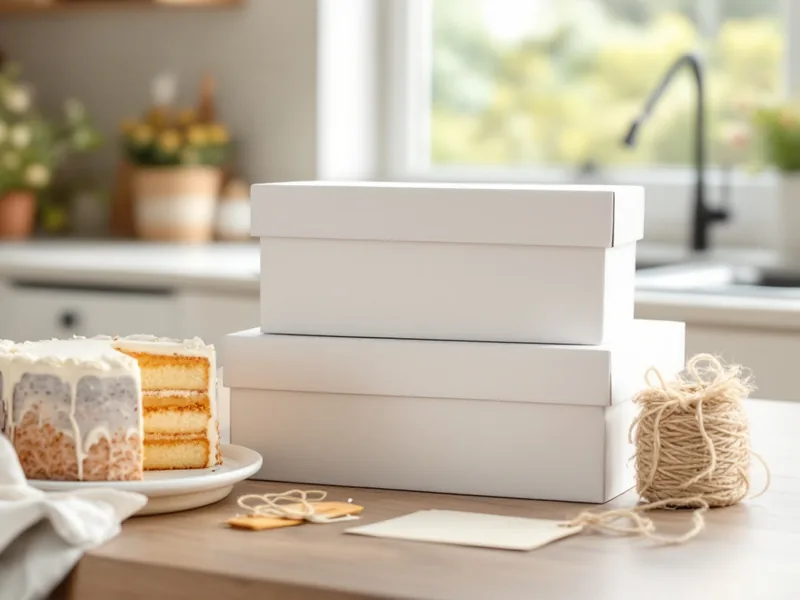 White cake boxes stacked next to a finished layer cake on a kitchen counter