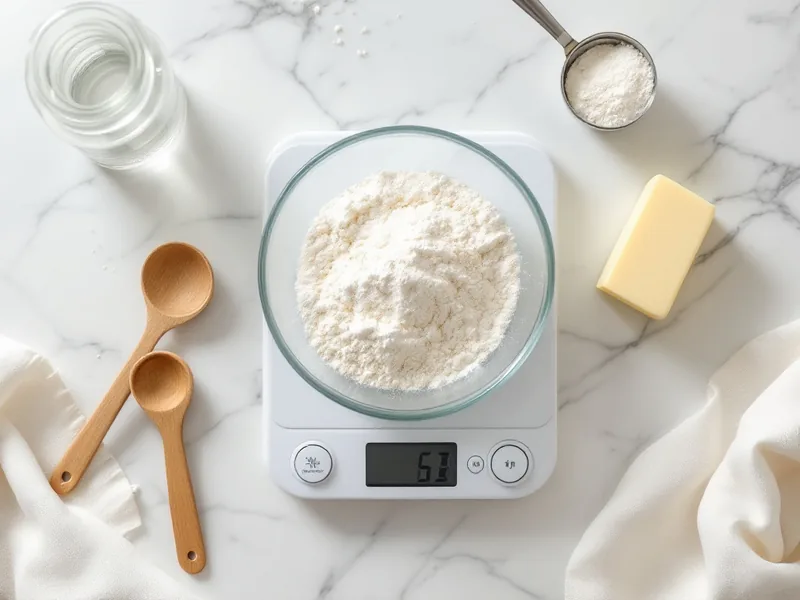 A kitchen scale with a bowl of flour, wooden measuring spoons and butter on a marble counter