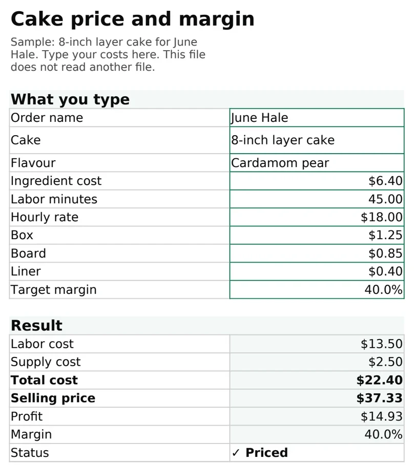 Cake Price and Margin, the price sheet you fill in